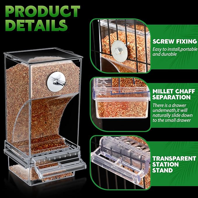 Yaomiao 8 Pcs No Mess Small Bird Feeders with 4 Pcs Cage Perch Automatic Drinker Parakeet Seed Dispenser Quail Feeder and Watered Cage Accessories for Small Birds Parrot Cockatoo Canary(Clear)