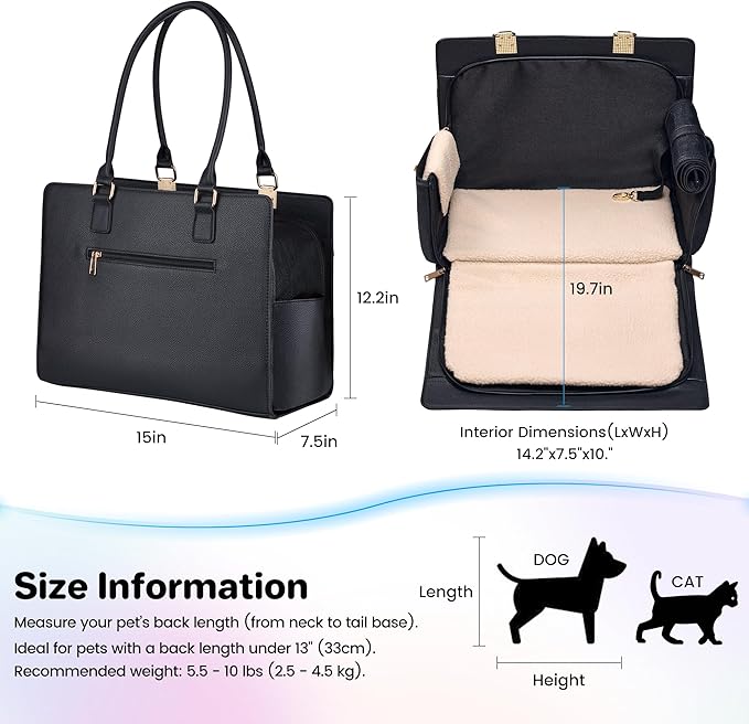Dog Purse Carrier for Small Dogs, Stylish Foldable Pet Carrier Purse Tote Bag with Washable Cushion & Safety Leash, Airline Approved Puppy Travel Bag with Pockets (Black)