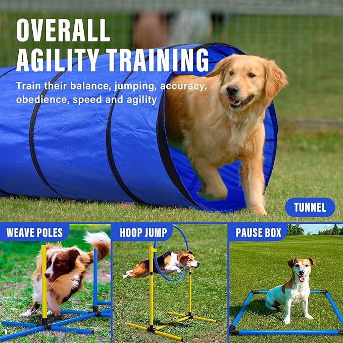 Dog Agility Training Equipment, Dog Agility Course Backyard Set with 2 Adjustable High Hurdle, 2 Tunnels, 6 Weave Poles, Pause Box, Jump Ring, Snack Bag, Folding Bowl, Balls, Whistle, Carry Bag