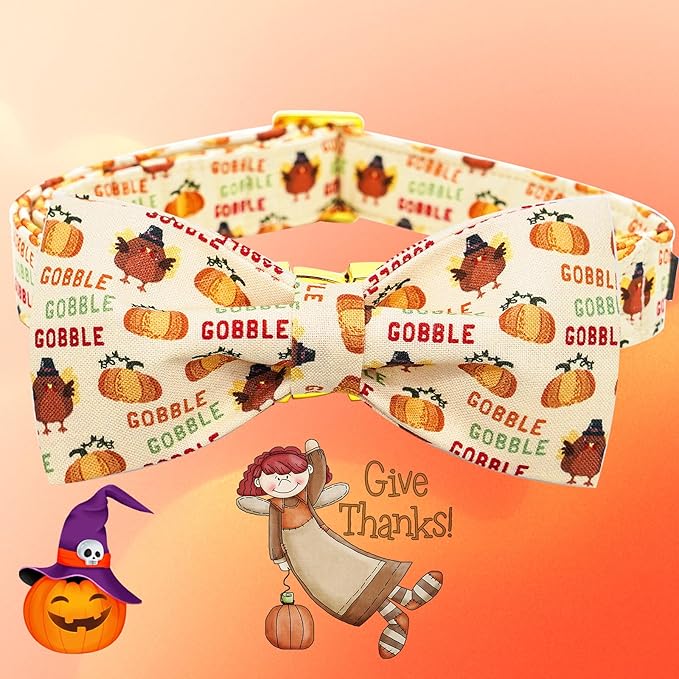 Dog Collar, Thanksgiving Turkey Pet Collar Bow Holiday Girl Boy Bow Puppy Collar Adjustable Dog Collars for Medium Dogs