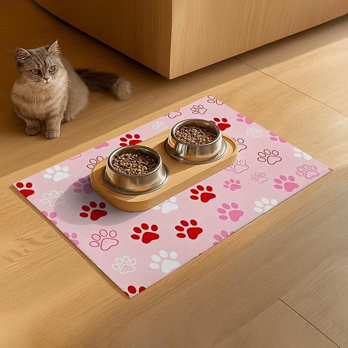 Puppy Paw Print Pet Feeding Mat 24x16 Inch Cute Pet Feeding Area Mat Pet Food Mat Pet Mats for Food and Water Dog Mat for Food and Water Indoor Feeding Corner Kitchen Floor Decor