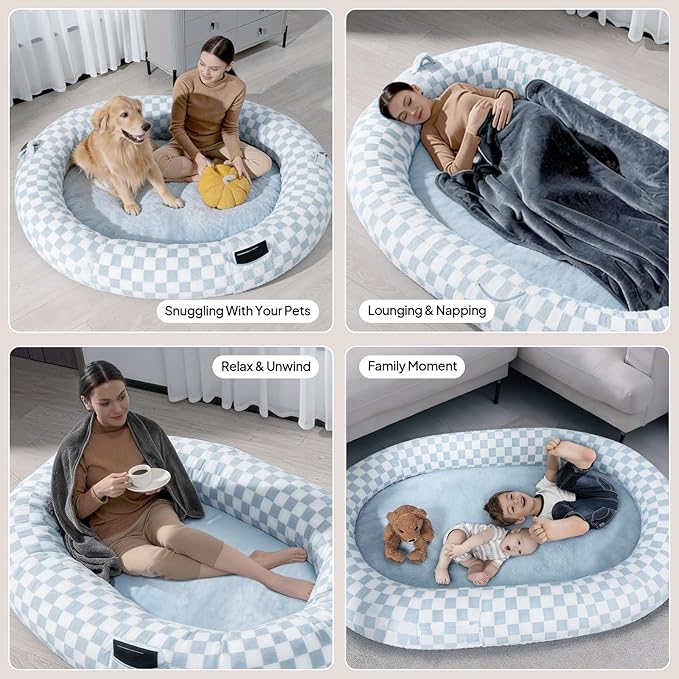 Extra Large Human Dog Bed for Adults, 74"x50"x12", Waterproof Machine Washable with Anti-Slip Bottom, Plush Pet Bed for People, Funny Gift for Dog Lovers & Parties, Blue Grid