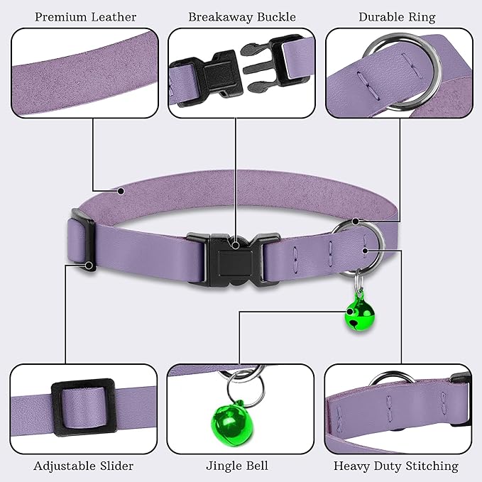Breakaway Cat Collar with Bell - Leather Adjustable Kitten Collars with Safety Quick Release Buckle - Soft Small Pet Collars for Girl & Boy Cats (Lavender)
