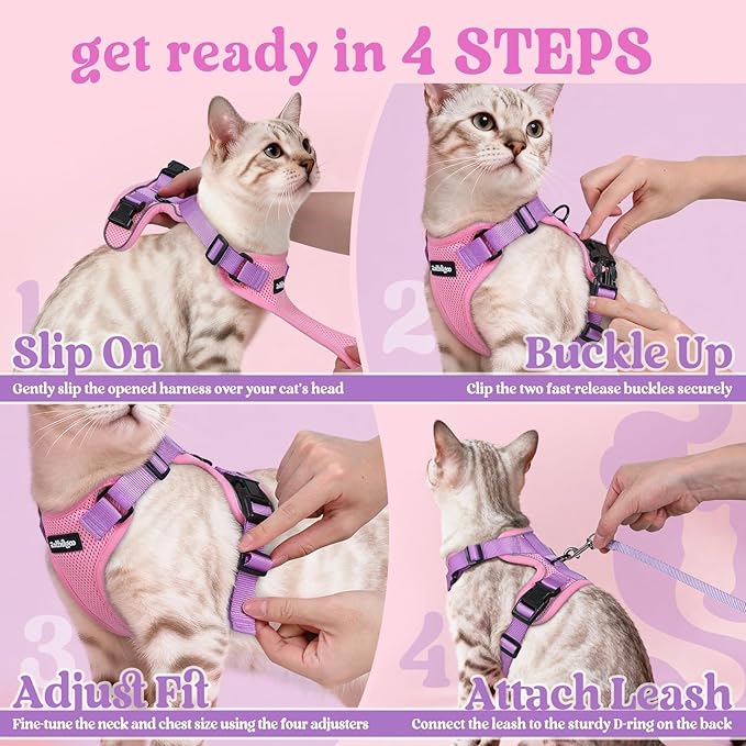 rabbitgoo Cat Harness and Leash for Walking, Escape Proof Soft Adjustable Vest Harnesses for Cats, Easy Control Breathable Reflective Strips Jacket, Pink & Purple, S