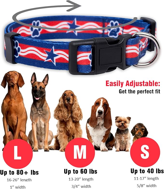 Native Pup American Flag Dog Collar- Red White and Blue- Patriotic Collars for 4th of July, USA- Adjustable Small, Medium, Large Breed Dogs (Large, Paws)