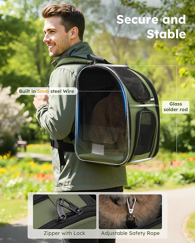 Pecute Expandable Cat Backpack Carrier, Backpack for Cats & Small Dogs Up to 11lbs, with 4-Side Breathable Mesh, Multi-Entry & Lockable Zippers for Travel, Hiking, Camping - Hands Free, Green