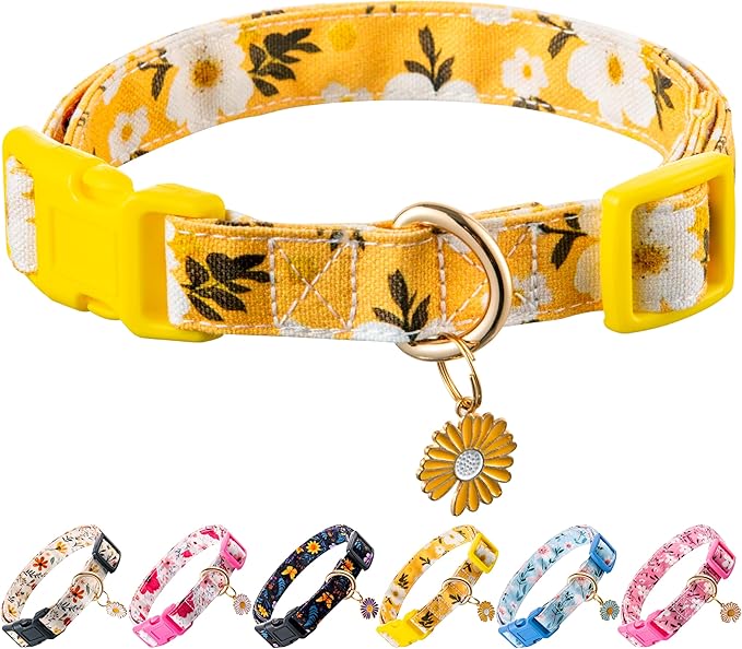 Cotton Dog Collar Yellow Flower Pattern for Boys and Girls Cute Dog Collars Summer Fall Gift Adjustable for Medium to X-Large Breed Dogs (L)