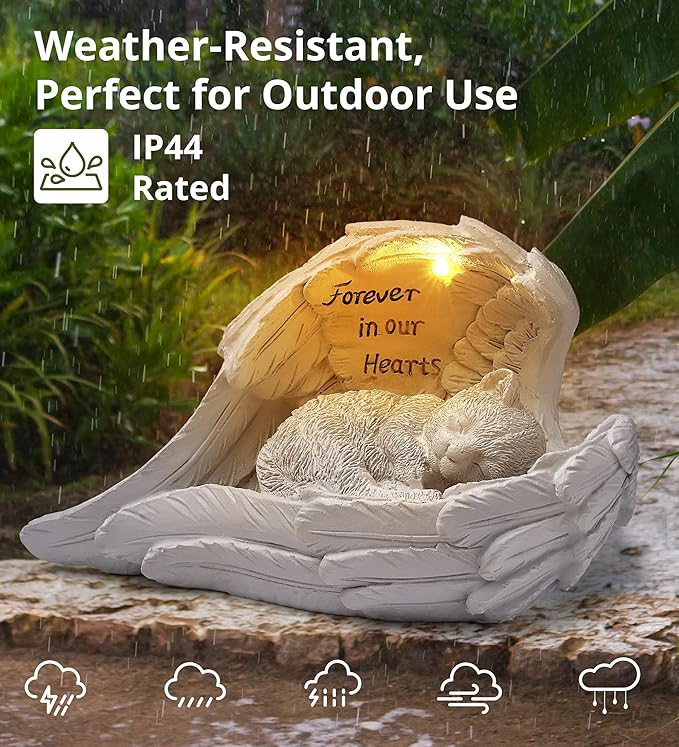 Pet Cat Solar Garden Memorial Statue – Outdoor Resin Angel Kitty with Solar Light, Guardian Angel Kitten Memorial Gift for Patio, Lawn, Yard, or Garden Christmas Decor