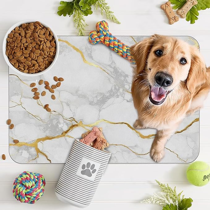 Marble Dog Food Mat for Floors,White Gold Marble Absorbent Quick-Dry Pet Feeding Mat,Cat Dog Bowl Mats for Food and Water,Non-Slip Pet Accessories Supplies 12"x20"
