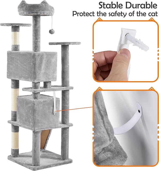 Yaheetech 62in Cat Tree Cat Tower for Indoor Kitty, Pet Furniture w/Double Condo, Scratching Posts, Multiple Platforms and Balls for Kittens, Light Gray