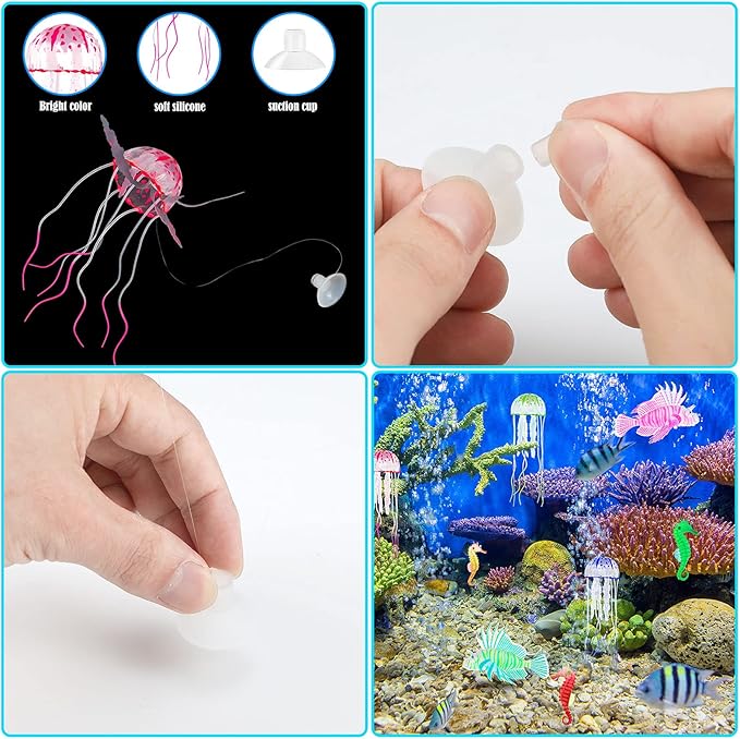 Patelai 8 Pcs Glow in The Dark Fish Tank Decorations Silicone Floating Artificial Jellyfish Fluorescent Lionfish Seahorse for Aquarium Decoration Small Large Fish Bowl Decor Accessories (Dreamy Color)