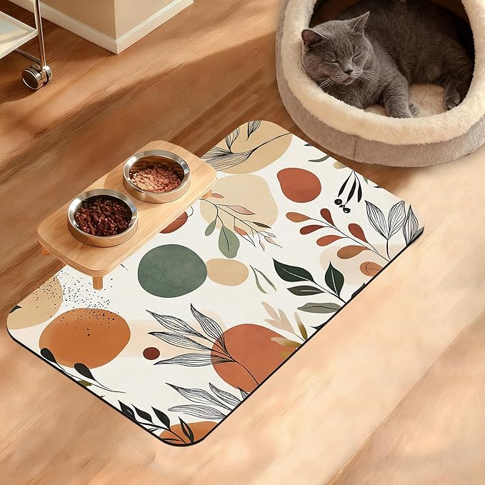 Boho Dog Cat Food Mat,Abstract Leaves Absorbent Waterproof Placemat for Food and Water Non Slip Rubber Backing Durable Feeding Pad for Clean Floors 12" x 20"