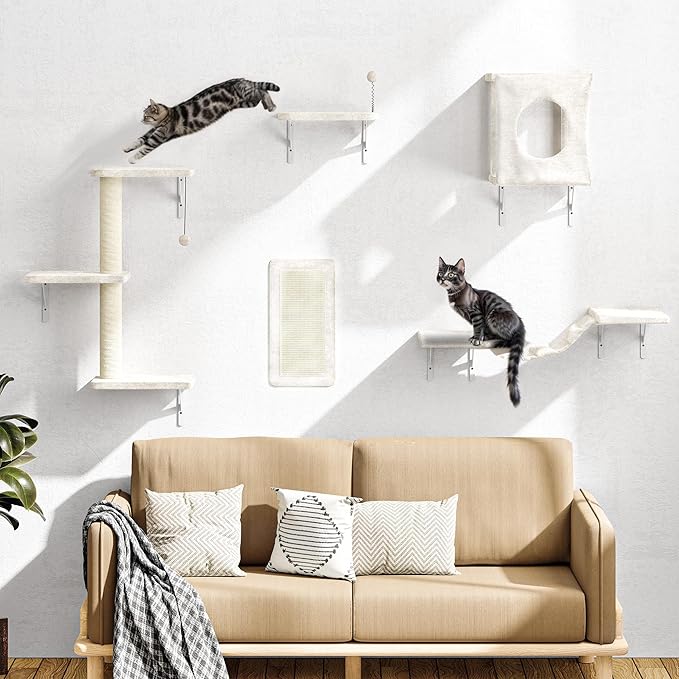 Wall Mounted Cat Furniture, 5 Pcs Cat Wall Shelves with House, Bridge, Steps, Scratching Post, Shelves, Indoor Safe & Stable Furniture for Kittens Play,Beige