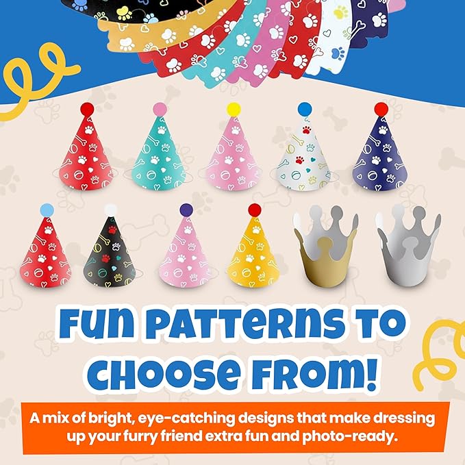 Dog Birthday Party Hat Set, Reusable & Adorable Kitty/Doggy Birthday Celebration Accessories, 1 Pack (9 Pet Hats & 2 Crowns) - Dirty Dog Goods