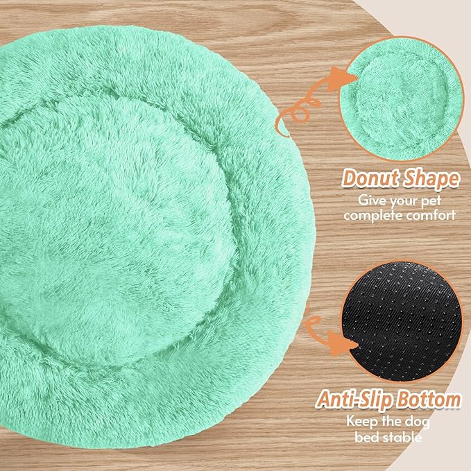 JOLLYVOGUE Calming Dog Bed for Small Dogs - 23 inches Donut Washable Small Dog Bed for Kittens & Puppies, Anti-Slip Round Fluffy Plush Faux Fur Cat Beds (Fits up to 25 lbs Pets, Mint Green)