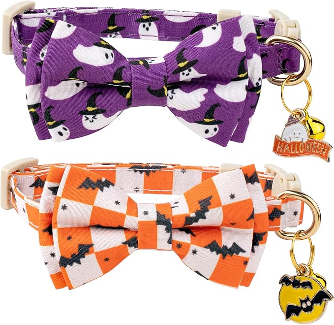Faygarsle 2 Pack Halloween Cat Collar with Bowtie and Bell, Breakaway Safety Buckle, Ghost Bats Pattern, Orange and Purple