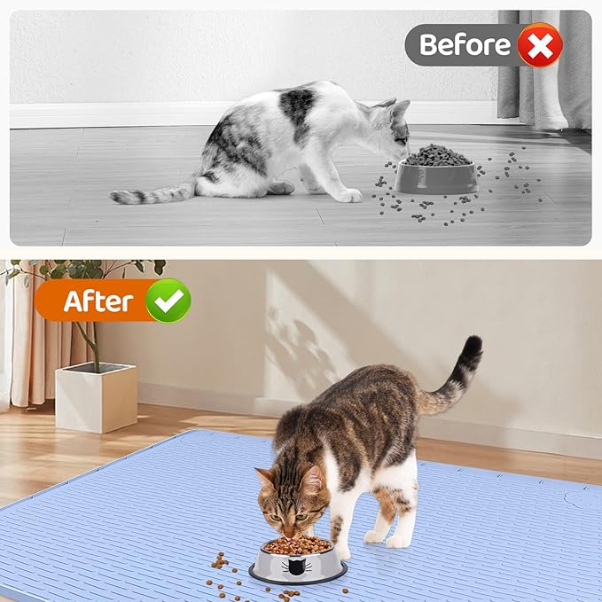 Cat Food Mat, 34" x 22" Large Silicone Pet Feeding Mat for Food and Water Bowls Non-Slip, Easy to Clean (Blue)
