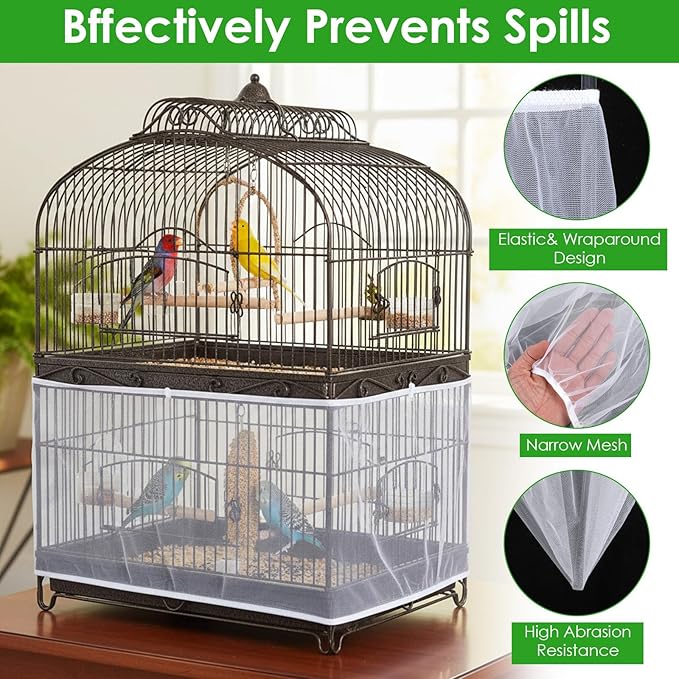 Bird Cage Seed Catcher, Mesh Net Cover Guard Soft Airy Cage Net Stretchy Skirt for Parrot Enclosures Round Square Cages(White