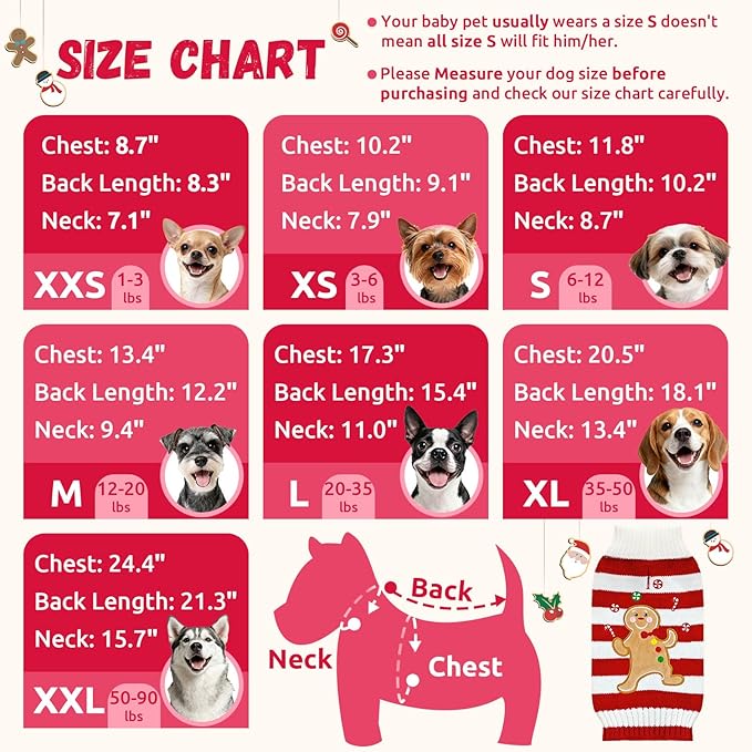 Dog Christmas Sweater Xmas Pet Clothes Cute Striped Gingerbread Man Costume Holiday Puppy Cat Jumpers Outfits New Year Gifts for Small Medium Large Dogs(Red Gingerbread Man,S)