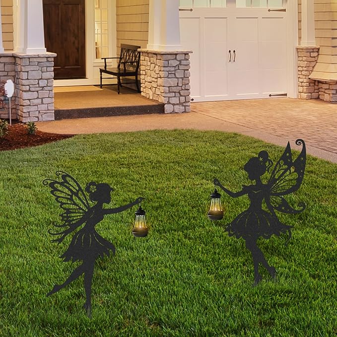 Fairy Garden Decor for Outside - 2 Pcs Metal Yard Stakes with Solar Lights Lawn Pathway Patio Backyard Decorations Statues Outdoor Silhouette Ornaments Birthday Gifts for Women Girls Mom