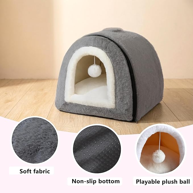 Cat Bed for Indoor Cats，Foldable cat cave，Anti-Slip & Water-Resistant Bottom，cat Houses for Indoor Cats or Small Dogs, Kitten Tent, Rabbit Bed，2 in 1 pet Bed (Dark Grey)