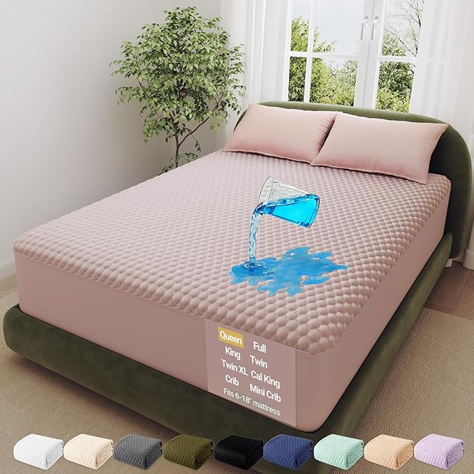 OhGeni 100% Waterproof Mattress Protector,Queen Size Mattress Soft Pad,Pet Hair & Bedwetting Resistant,Cooling Breathable Fitted Sheets,Washable Bed Cover,Non-Slip Deep Pocket,Noiseless,Pink