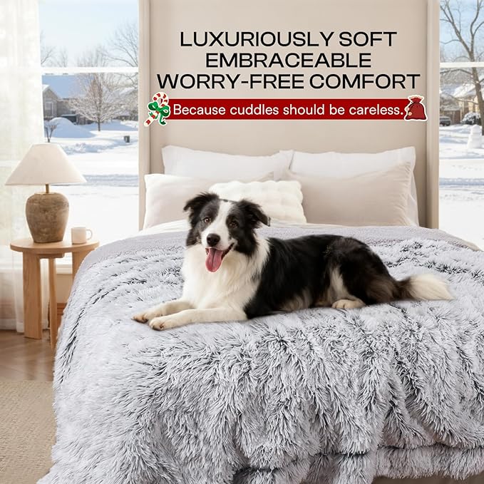 Luciphia Large Waterproof Dog Blanket Pet Washable Liquid Proof Furniture Protector Medium Shaggy Plush Calming Long Faux Fur Bed Cover for Couch Cat Blankets Kitten Doggy, Mist Grey, 40" x 50"
