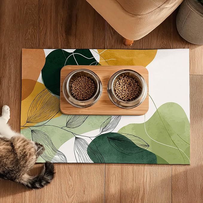 Modern Abstract Leaf Design Pet Feeding Mat 20" x 12" Pet Food Mat Non Slip Mat for Dog Food and Water Bowls Easy Clean Dog Bowl Mats Pets Placemat for Kitchen Pets Feeding Area Decor