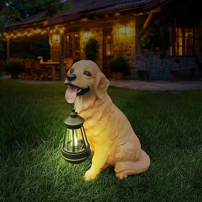 Golden Retriever Statue Outdoor Decorations – Dog Statues Outdoor Sitting Golden Retriever with Replaceable Solar Light & Welcome Sign for Lawn Décor