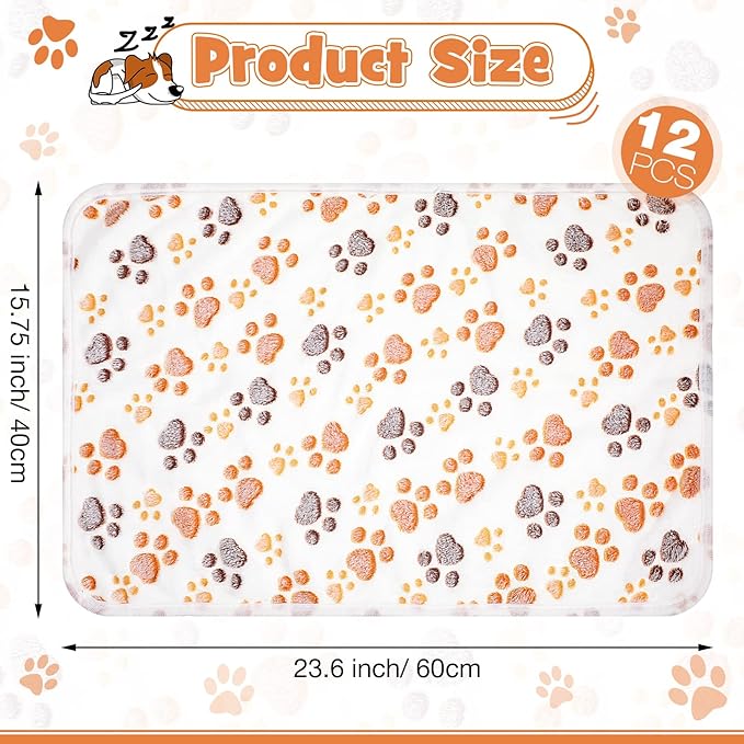 Tegeme 12 Pcs Pet Blankets Soft Fluffy Fleece Dog Cat Warm Paw Print Pattern Blankets Flannel Throw for Pets Dog Puppy Cat(23 x 16 Inch,White)