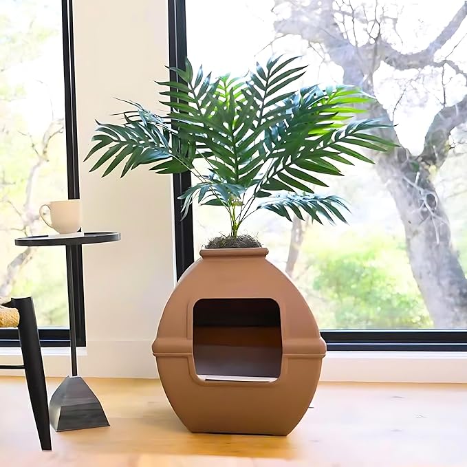 Good Pet Stuff Hidden Litter Box Planter, Decorative Cat Litter Enclosure with Carbon Filter, Artificial Plant, Easy Clean, Indoor Design, Courtyard Square Style, Essentials Kit, Mocha Brown