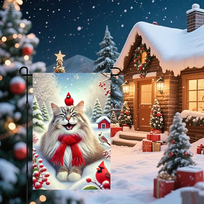 Christmas Garden Flag Cute Cat Red Cardinal Winter Snow Scene Outdoor Yard Flag 12x18 Inch Double Sided Banner For Front Yard Porch Lawn Patio Festive Holiday Seasonal Home Decor