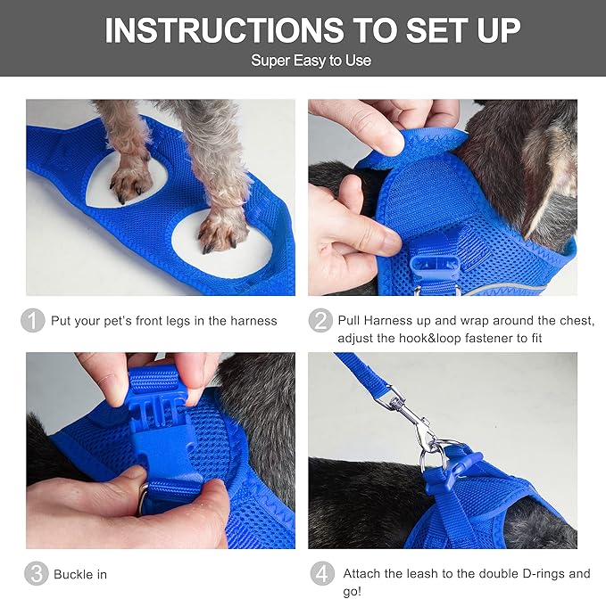 Fida Comfy Dog Harness with Leash, Soft Puppy Vest Escape Proof, Breathable Lightweight Soft Mesh, Adjustable Reflective Step-in Harness for Small & Medium Pet Walking (M, Blue)