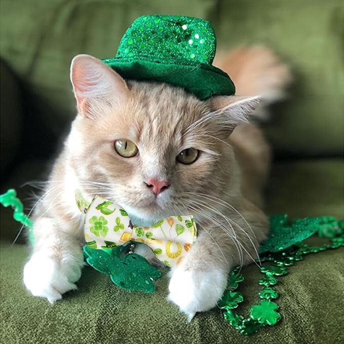 St. Patrick's Day Cat Bowtie - Green Clover Pattern with Festive Holiday Charms for Cats & Small Pets, Adjustable Pet Collar with Rainbow and Lucky Bell
