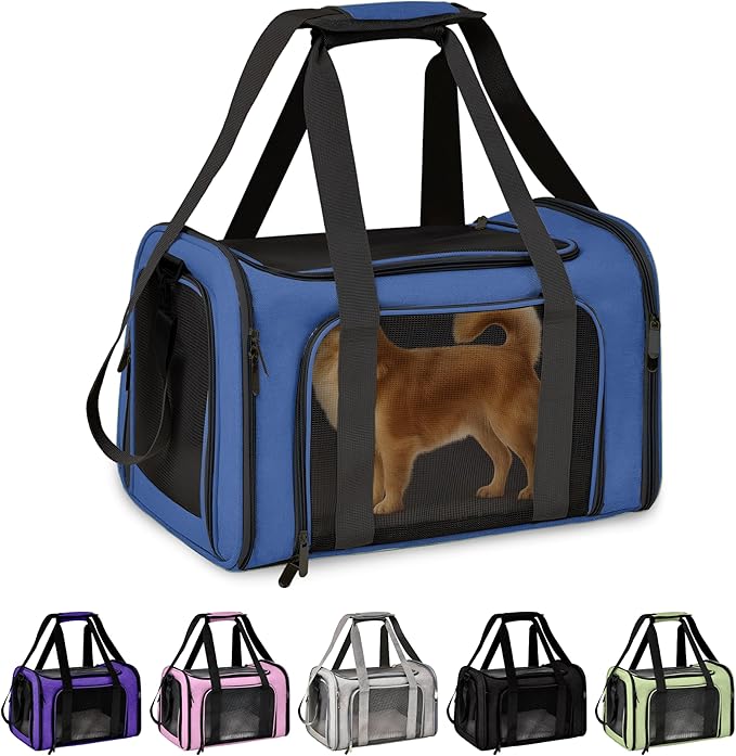 Pet Travel Carrier Bag – Airline Approved Soft-Sided Dog & Cat Carrier, Foldable, Breathable Mesh, Washable Pad – Fits Pets up to 15 lbs – The Pup Quartet (Blue)