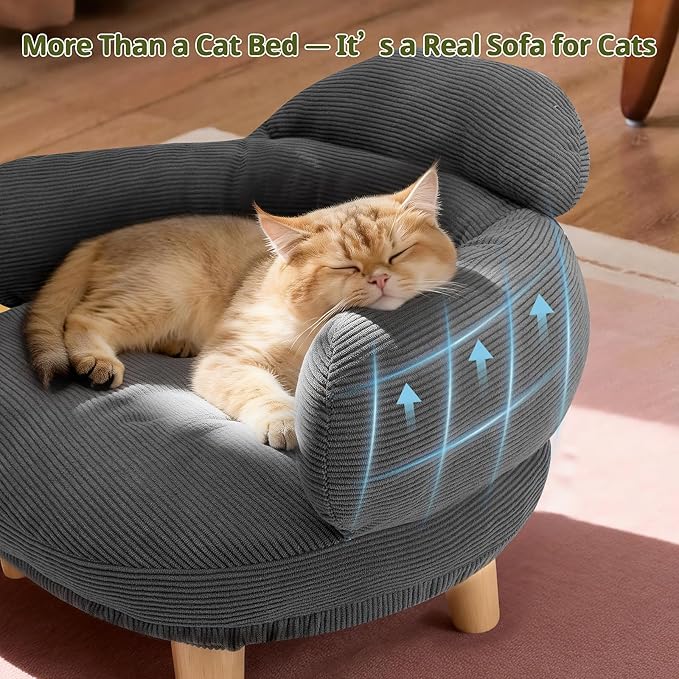Cat Sofa Furniture-Style Pet Bed with Removable Cotton Velvet Cover, Solid Pine Wood Legs, for Cats and Small Dogs, Gray