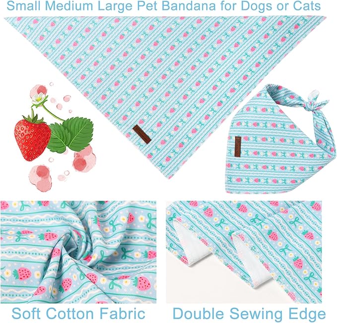 Summer Dog Bandana, UP URARA PUP Strawberry and Bowknot Triangle Bid Scarf for Medium Large Dogs, Cotton Kerchief for Girl Boy Puppies, Cute Spring FloralBandana,L