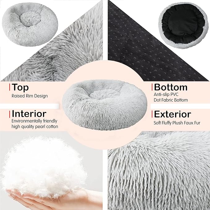 Calming Dog Bed for Medium Dogs Washable Donut 30 inches Anti-Slip Pet Bed,Round Fluffy Plush Faux Fur Cat Bed,Fits up to 45 lbs Pets,Frost Grey