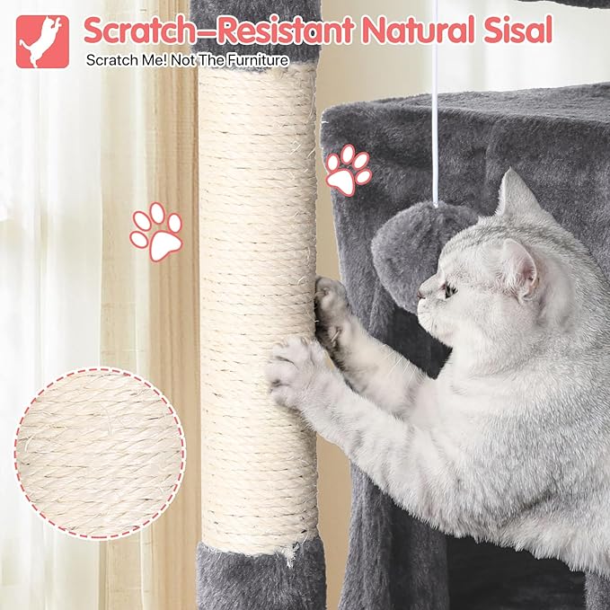 70in Cat Tree Cat Climbing Tower with Scratching Post, Cats House Perch Kitten Tree Condo Wood Playhouse, Pet Trees Tower for Indoor Cats, Light Gray