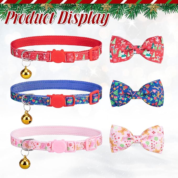 Christmas Breakaway Cat Collar with Removable Bow Tie and Bell, Cute Xmas Patterns, 3 Pack Safety Buckle Kitten Collars, Adjustable Pet Collar