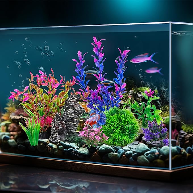 Ameliade Aquarium Artificial Plastic Plants Decorations and Rock Cave Decor Set Goldfish Betta Fish Tank Accessories Small Large Fish Bowl Ornaments