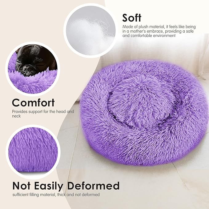 Dogs Bed for Small Dogs, Anti-Anxiety Washable Round Bed (Purple, 24.0" L x 24.0" W x 8.0" Th)