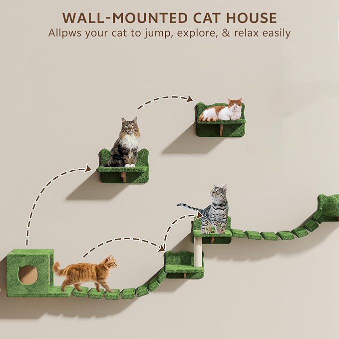 9-in-1 Cat Wall Shelves, Wall Mounted Cats Furniture Set with Plush Fabric, Cat Climbing Systems, Cats Shelf Furniture with Condos, House, Steps, Bridge Ladder, Scratching Post, Green