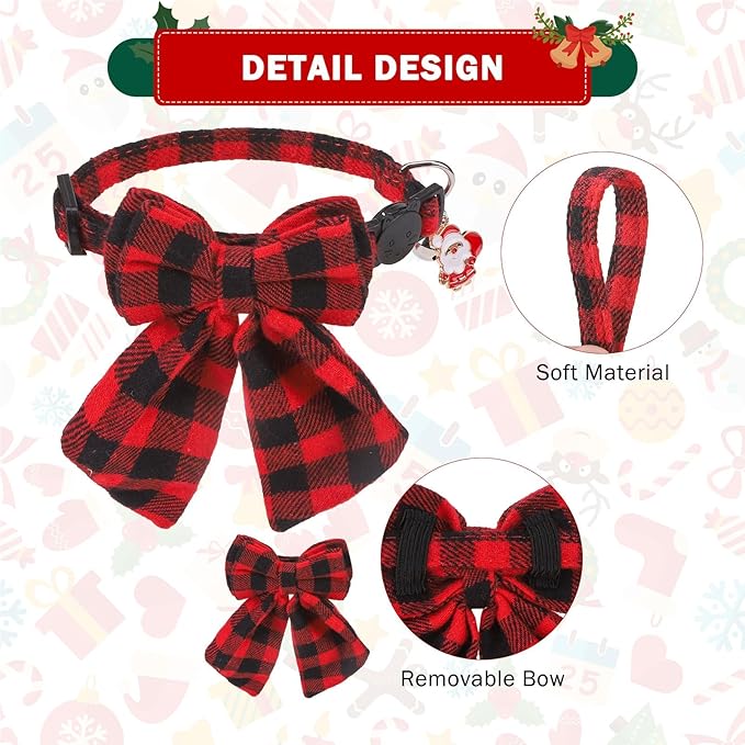 SCENEREAL Christmas Cat Collar with Bell & Stylish Bowtie, Classic Red Green Plaid Pattern Breakaway Cat Collars Accessories for Boy Girl Small Cats, Holiday Xmas Kitten Costumes for Female Male Pets