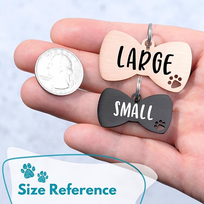 Ultra Joys Dog Tags Personalized for Pets - Hollow Paw Custom Pet ID Tag - Engraved Dog Tag for Small, Large Dogs - Small Bow Tie in Rose
