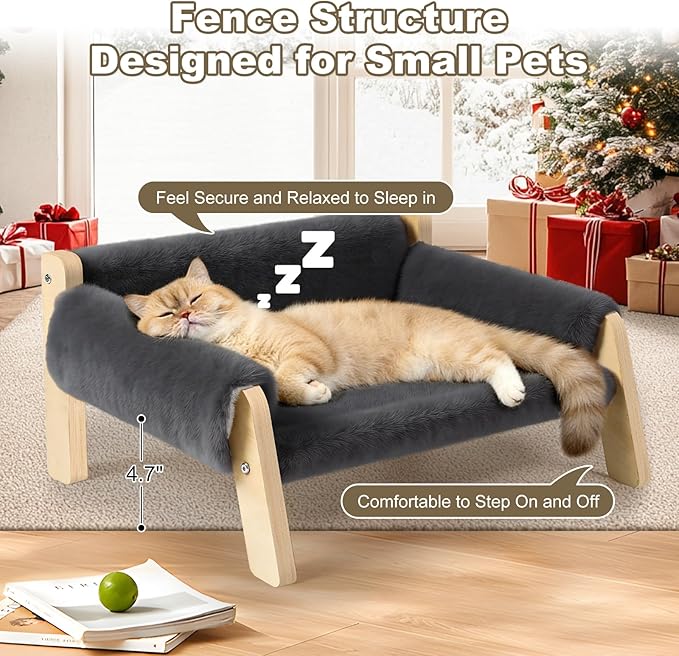 Elevated Cat Couch Bed for Indoor Cats - Wooden Pet Sofa with Removable Washable Thick Cover Raised Kitty Lounge Chair Suitable for Puppy or Small Animals(Cat Sofa Grey)