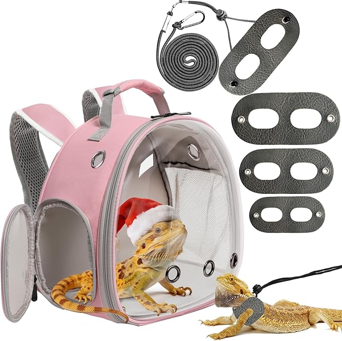 Lizard Backpack Travel Carrier,Bearded Dragon Travel Backpack with Harness and Leash Set,Space Capsule Clear Bubble Window Astronaut Reptile Carrier Backpack, Airline Approved
