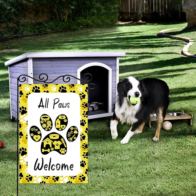 ALL Paws Welcome Garden Flag,Welcome to Cute Dog House Vertical Double Sided Outdoor Decor,Welcome Dog Summer Garden Flag.12 x 18 Inch