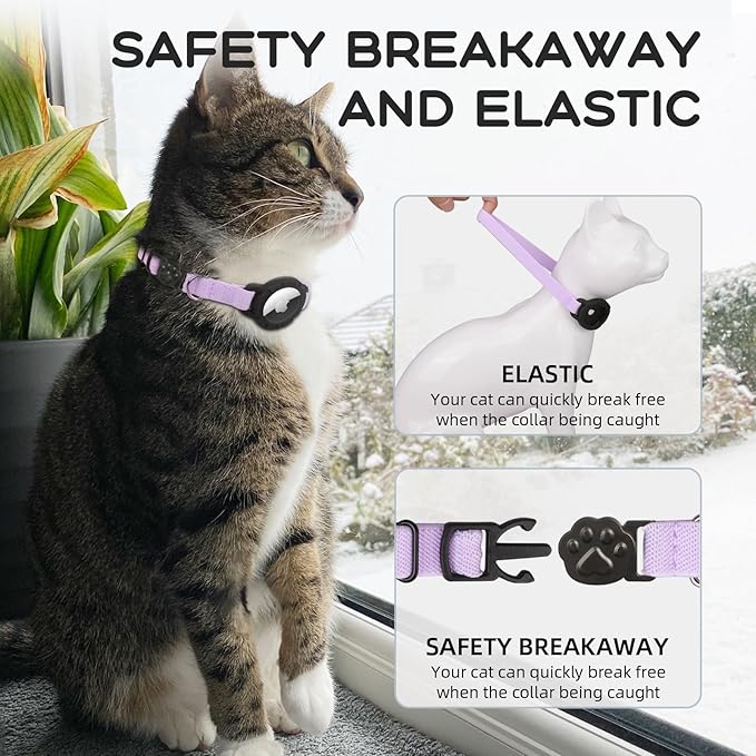AirTag Cat Collars, Stretchy Collar with Apple AirTag Holder and Bell, Breakaway Ultra Design Elastic GPS Tracking Collars for Cats and Puppies, (7.5-12.5 Inch), Purple