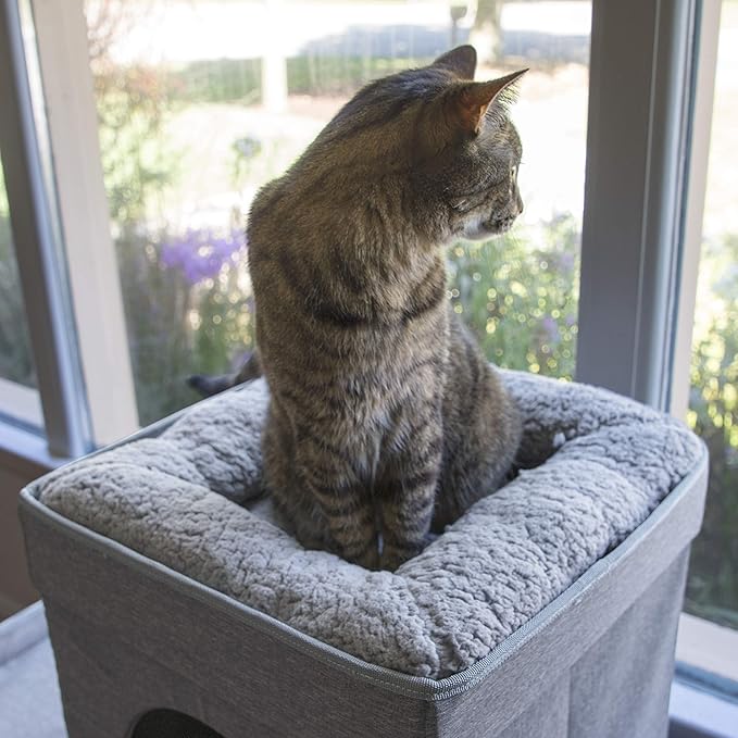 Kitty City Large Stackable Cat Condo & Cube House, Modular Indoor Cat Furniture with Plush Washable Beds, Collapsible Cat Cave & Lounging Ottoman, Grey